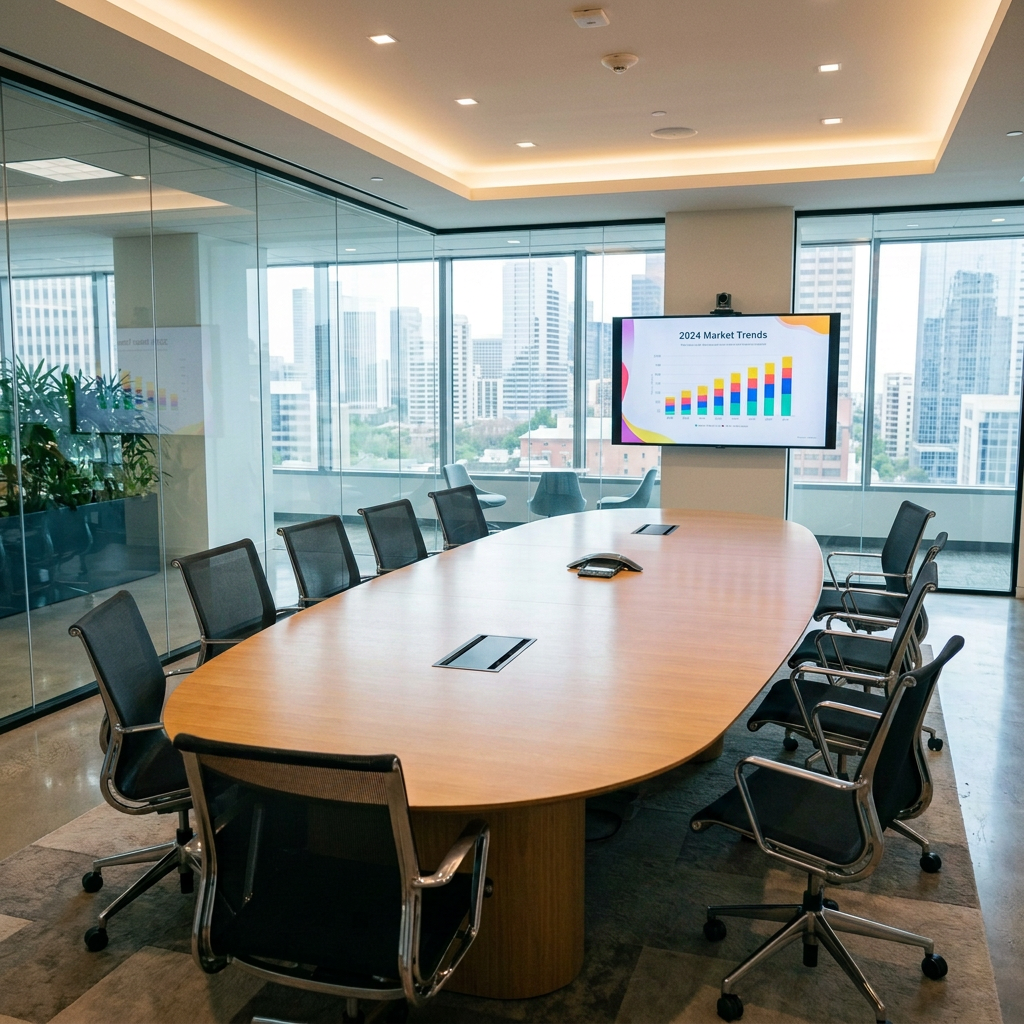 Business team listening to manager presenting 2024 market trends chart